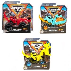 Set of 3 Monster Jam Dirt Squad Trucks — Rollan, Drilliam & Scoopz Series 10 NEW